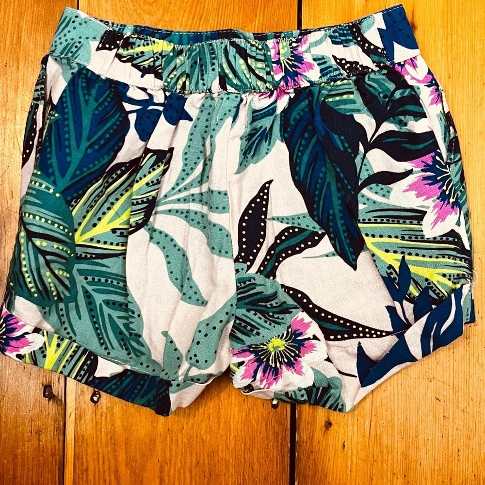 Gap Girls Tropical Leaf Floral Linen Cotton Shorts Summer Pockets Elastic Waist